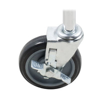 Close-up of a sturdy caster wheel for mobile water control unit, featuring locking mechanism for stability.