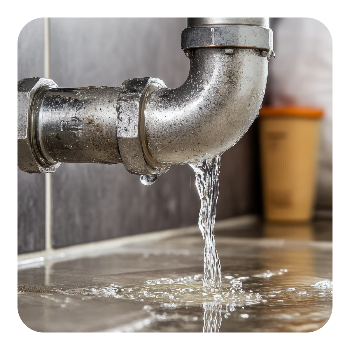 Leaky pipe with water dripping onto a surface