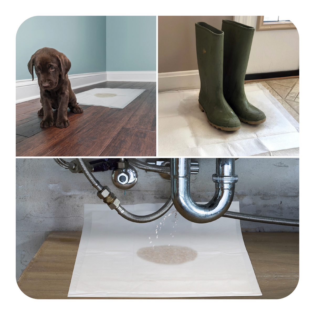 Collage of a puppy, green boots, and a water pipe system with drip mats.
