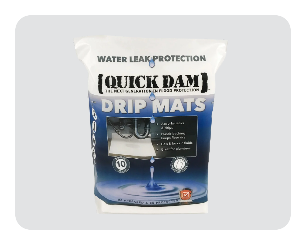 Packaged Quick Dam Drip Mats for water leak protection on a white background