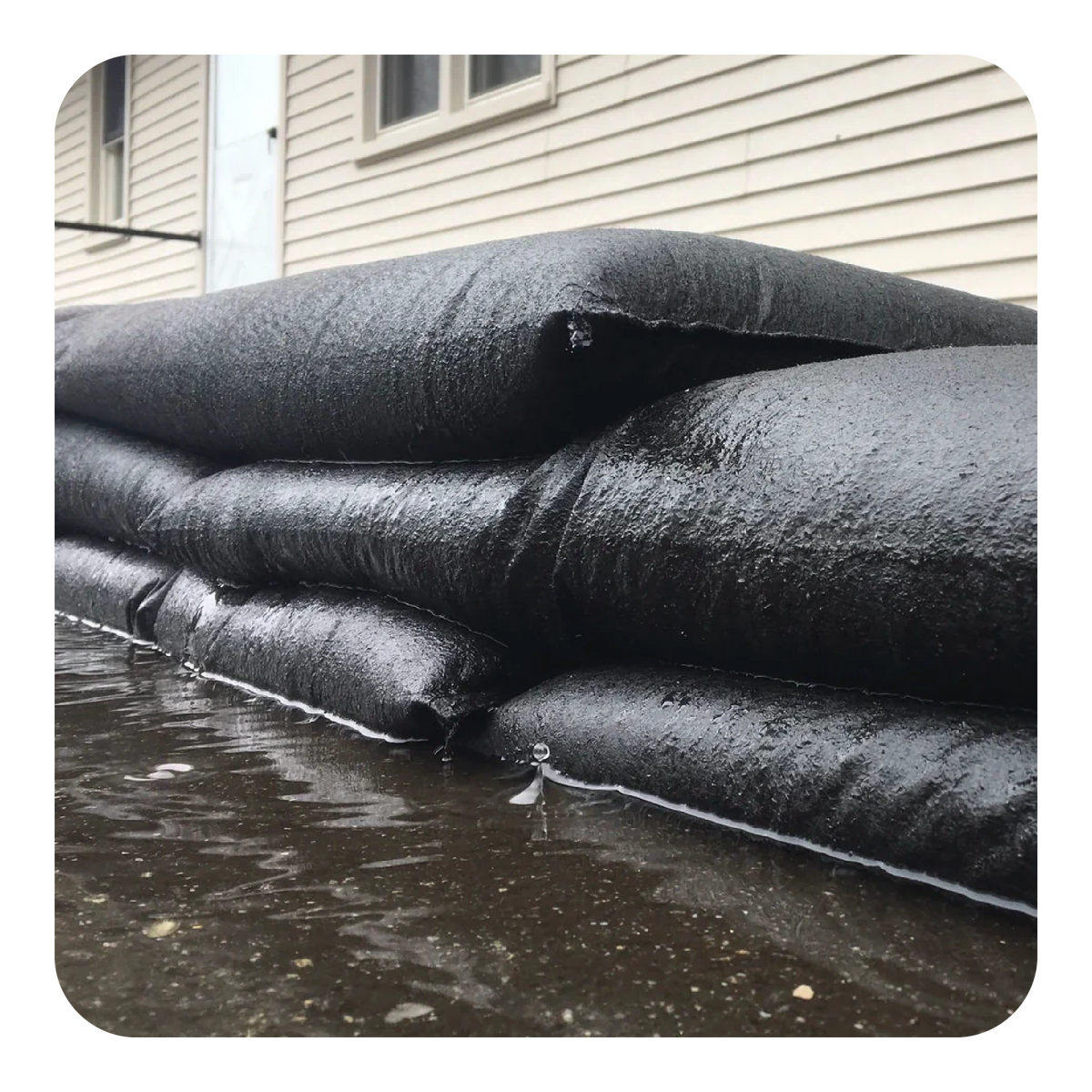 Stack of black flood bags on a flooded street with a house in the background