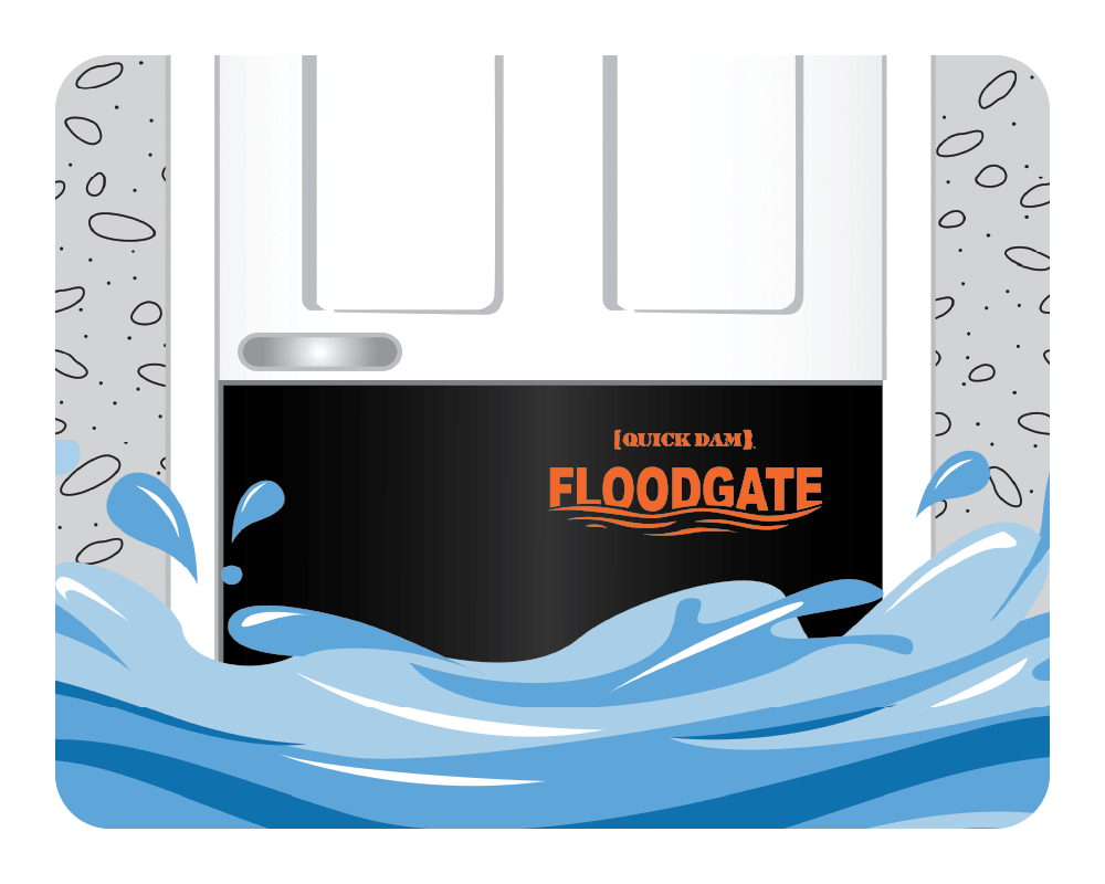 Illustration of a doorway with Flood Gate holding back blue water