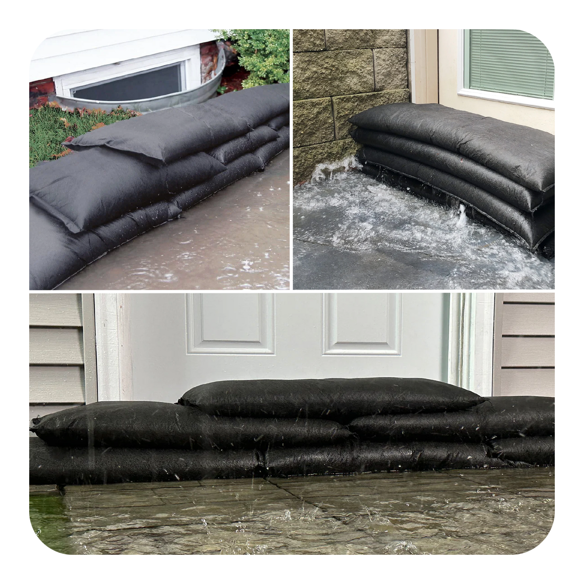 Collage of black flood bags being used to prevent flooding in various settings.
