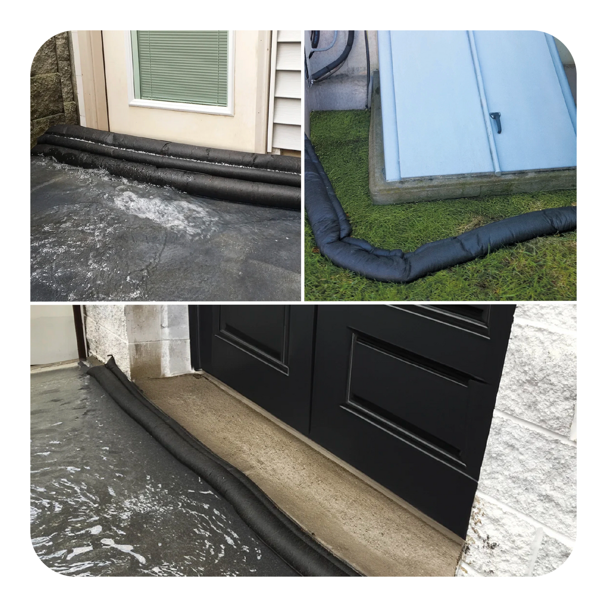 Collage of three images showing black flood barriers in various outdoor settings.