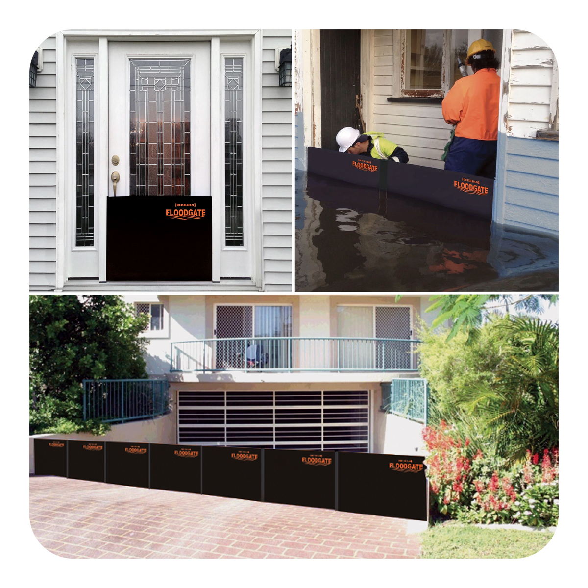 Collage of Flood Gate products including a door with a Flood Gate, a person using a Flood Gate in water, and a FloodGate setup outside a house.