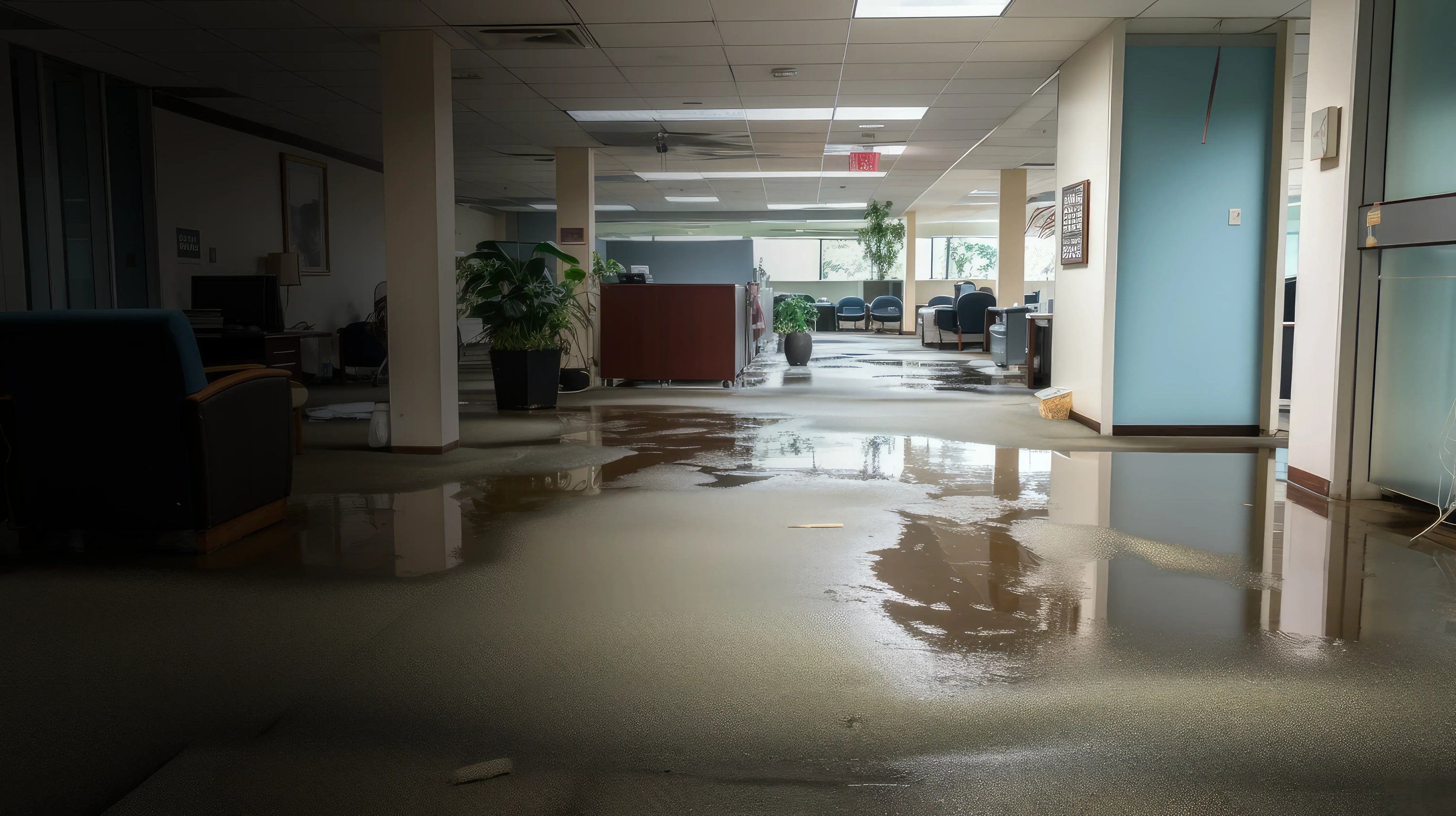 Flooded office hallway with water covering the floor