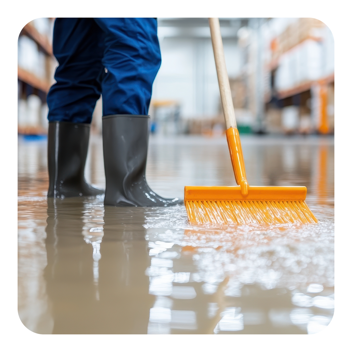 Person cleaning a flooded floor with a broom and rubber boots.