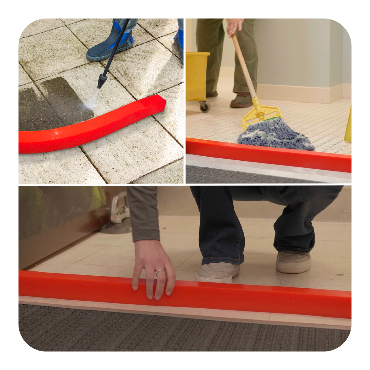 Collage of a orange insta-dam being used on different types of flooring.