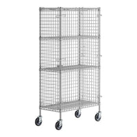 Mobile water control unit with four wire shelves on wheels for easy transport and storage.