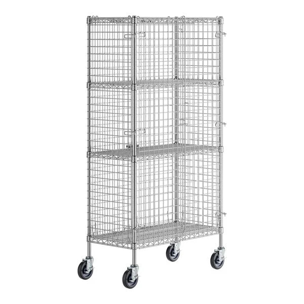 Mobile water control unit with four wire shelves on wheels for easy transport and storage.