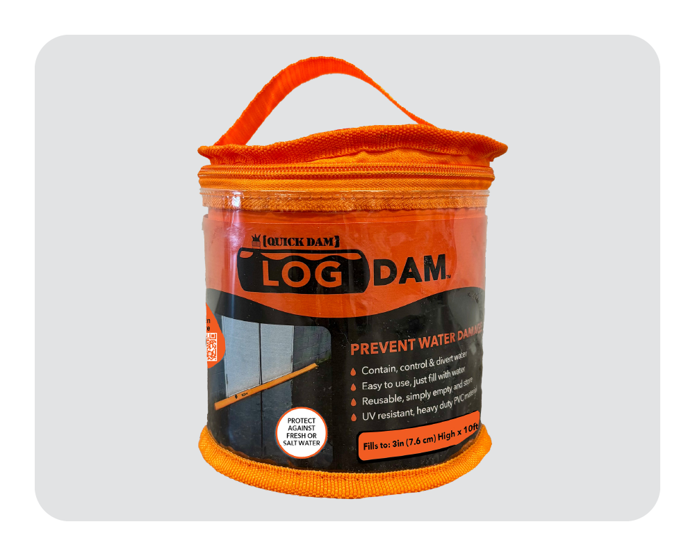 Log Dam product packaging with orange handle on a white background