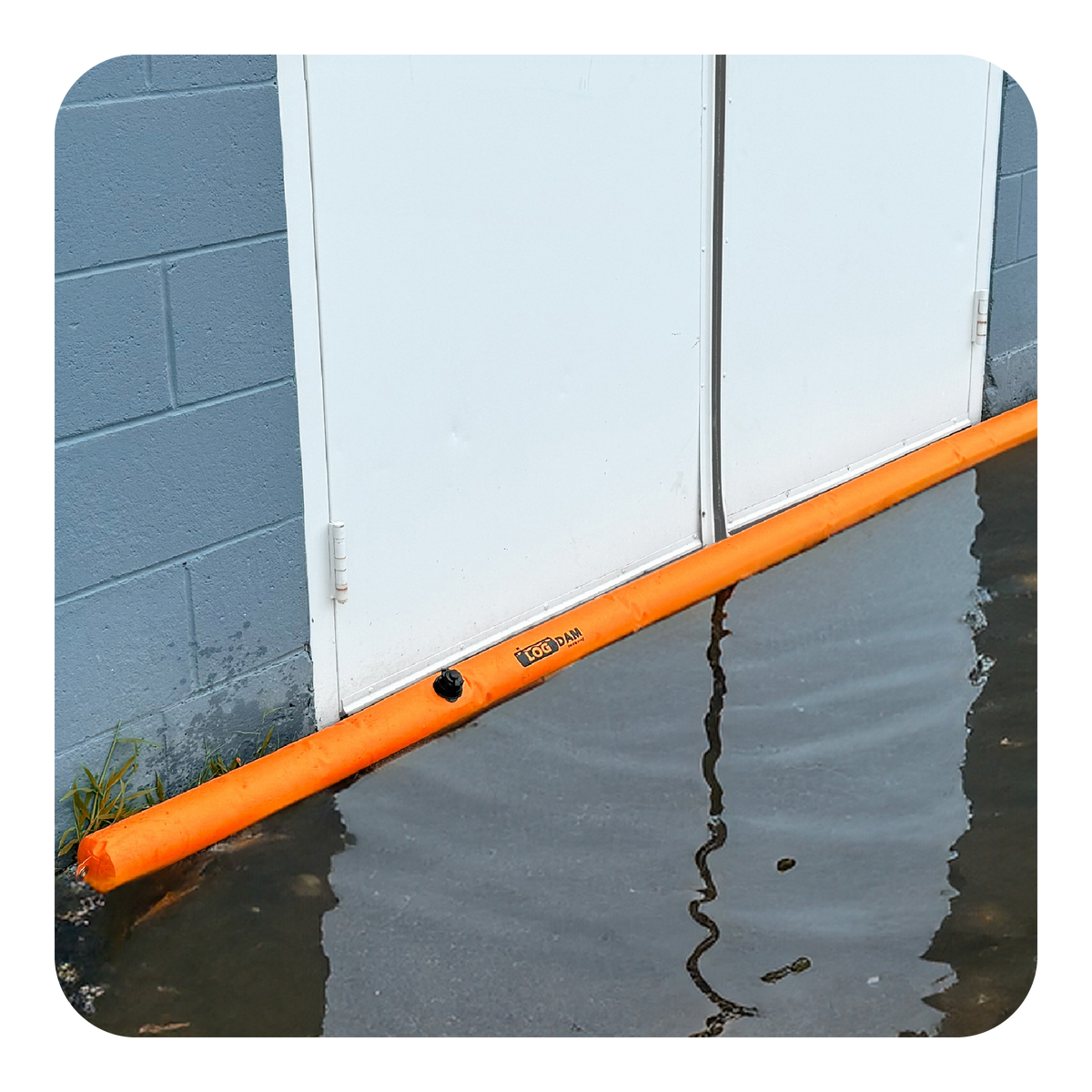 Orange log dam flood barrier against a blue wall and white door