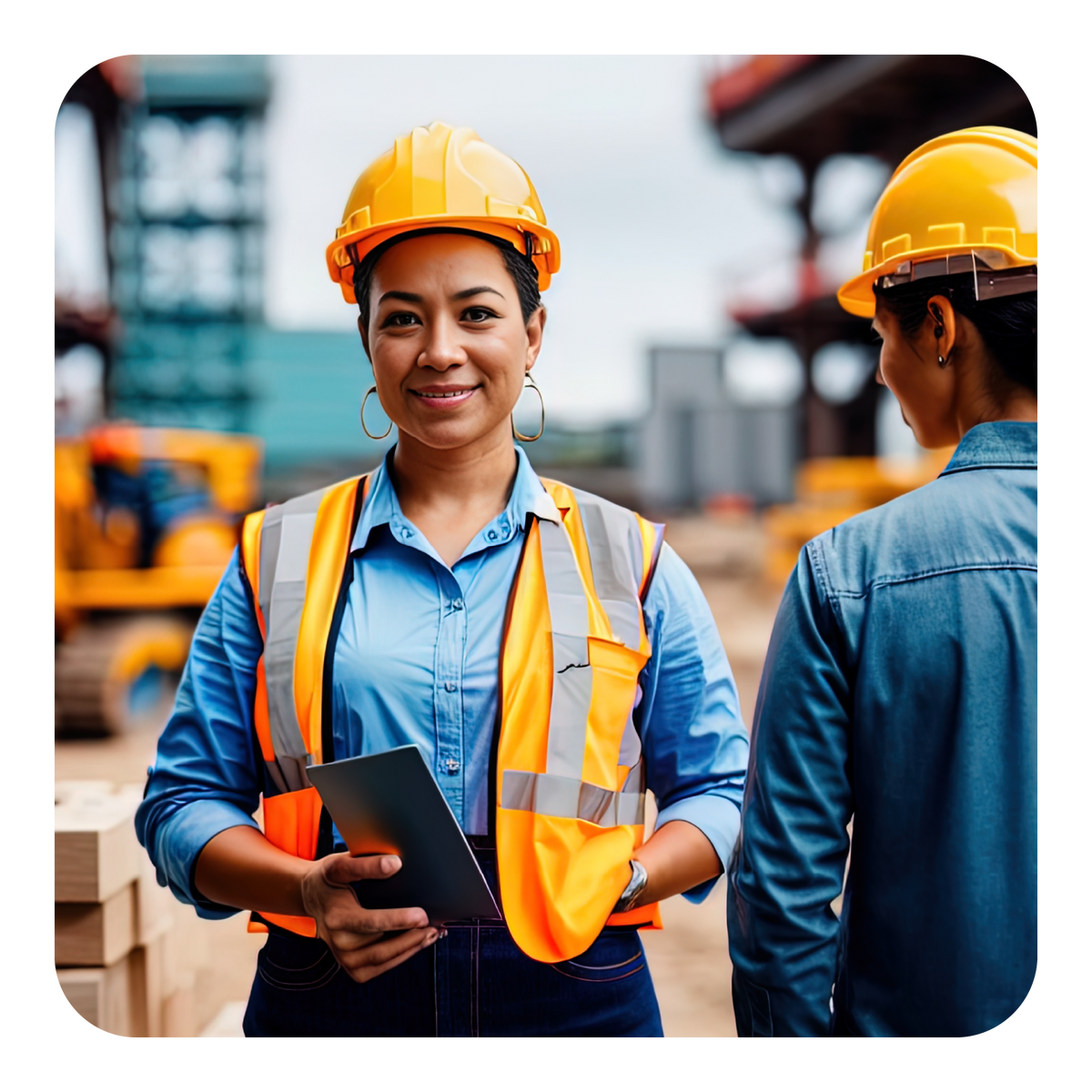 Two workers in safety gear on a construction site