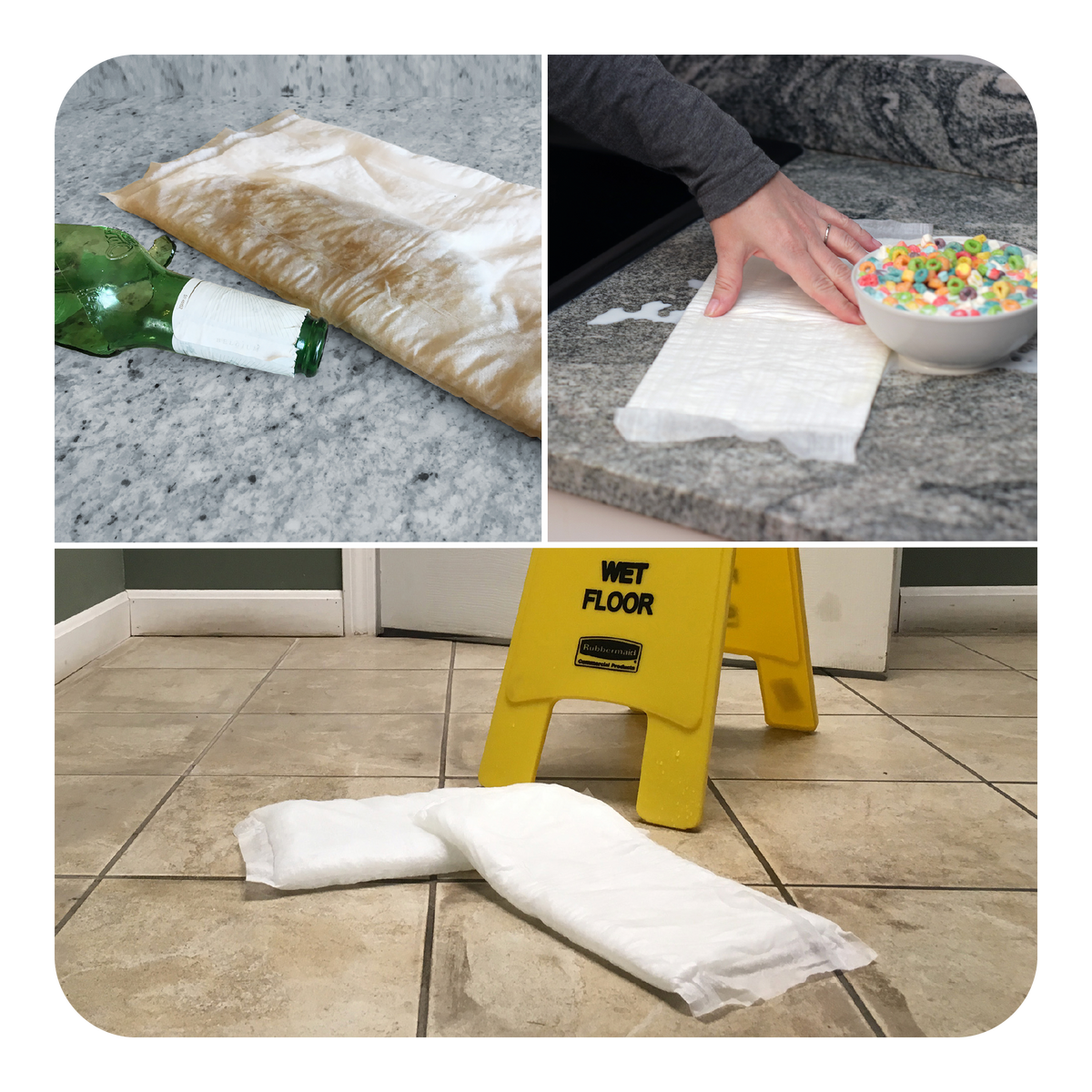 Collage of a bottle spill, mat use, and wet floor sign with mats.
