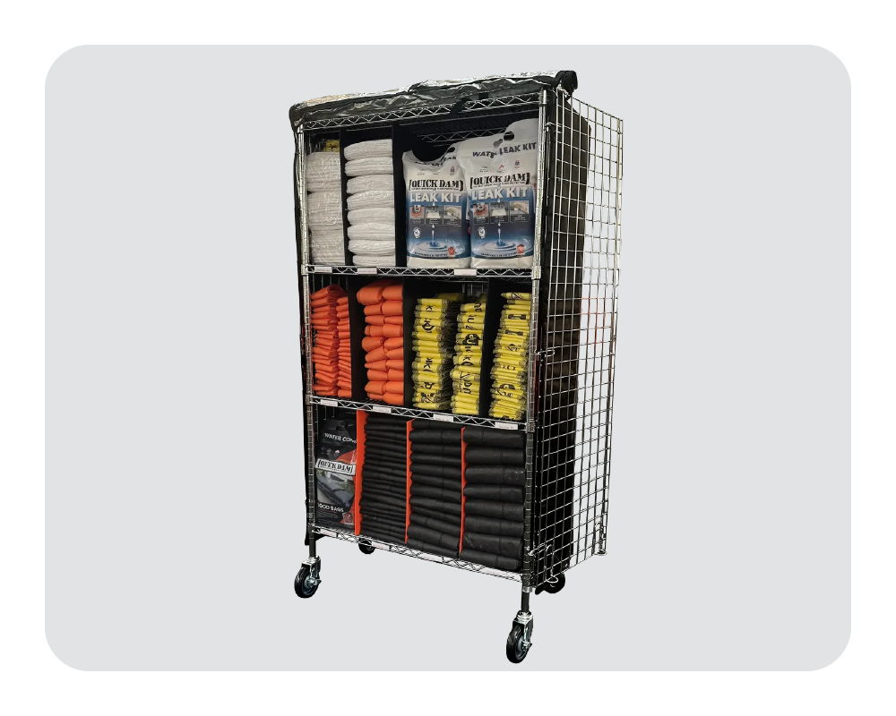 Storage rack with quick dam products on a white background