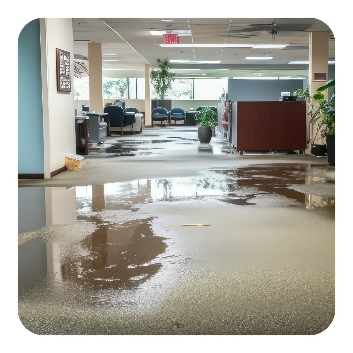 Flooded office floor with water covering the floor and furniture partially submerged.