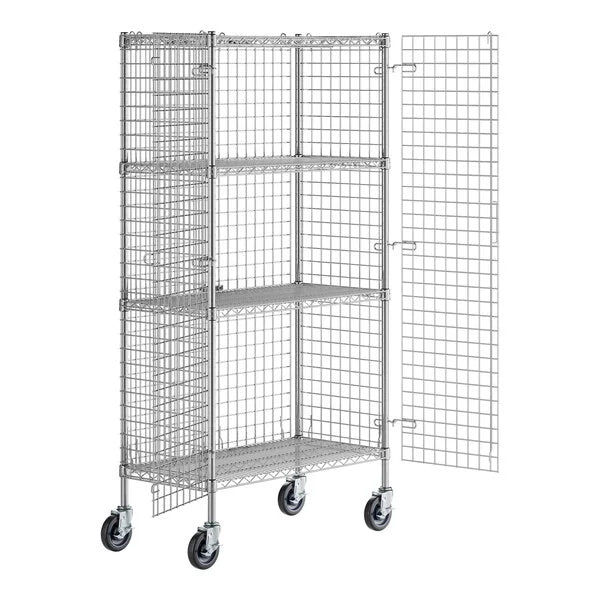 Mobile water control unit storage cart with wheels and shelves for organizing supplies.
