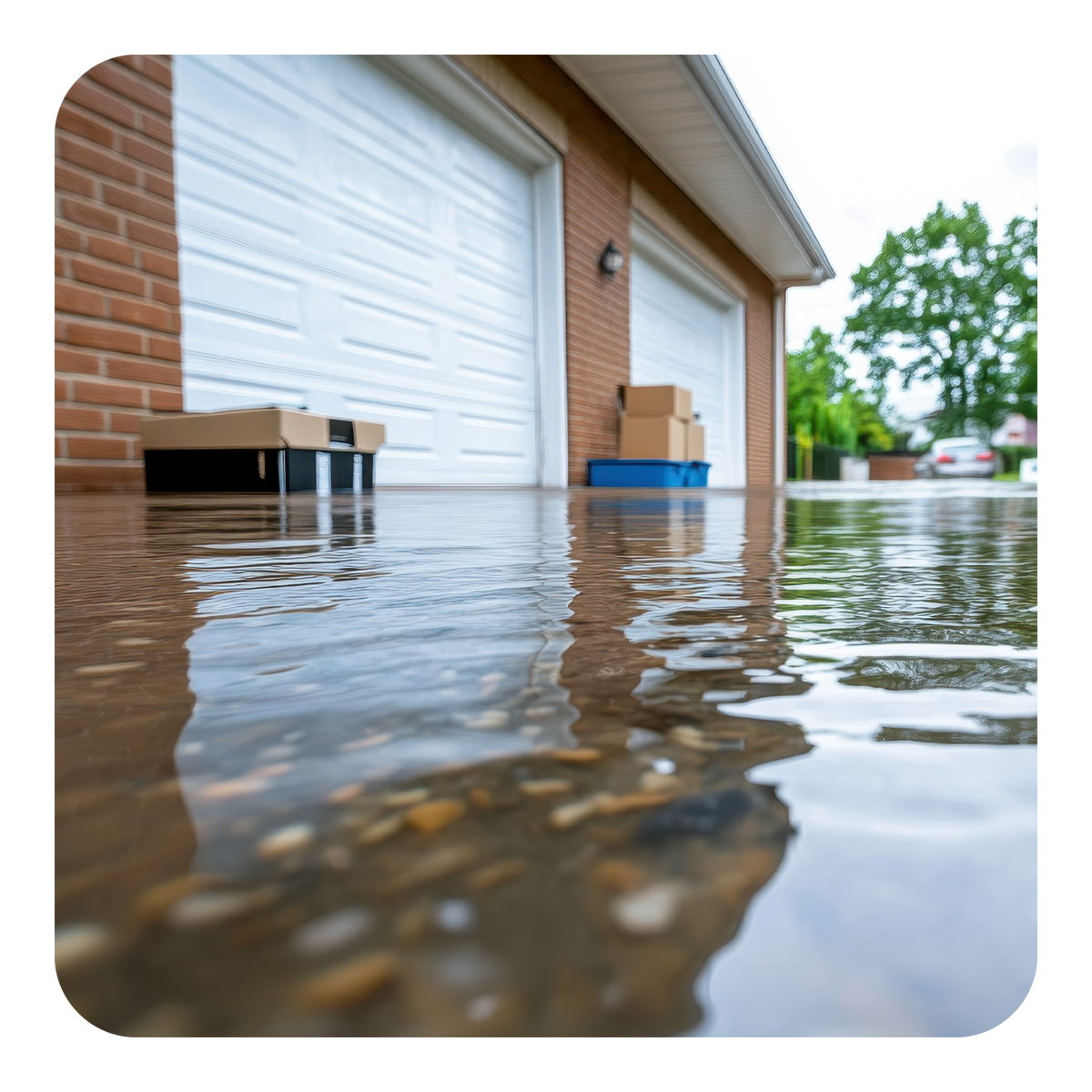 Flooded driveway with garage door and boxes in the background