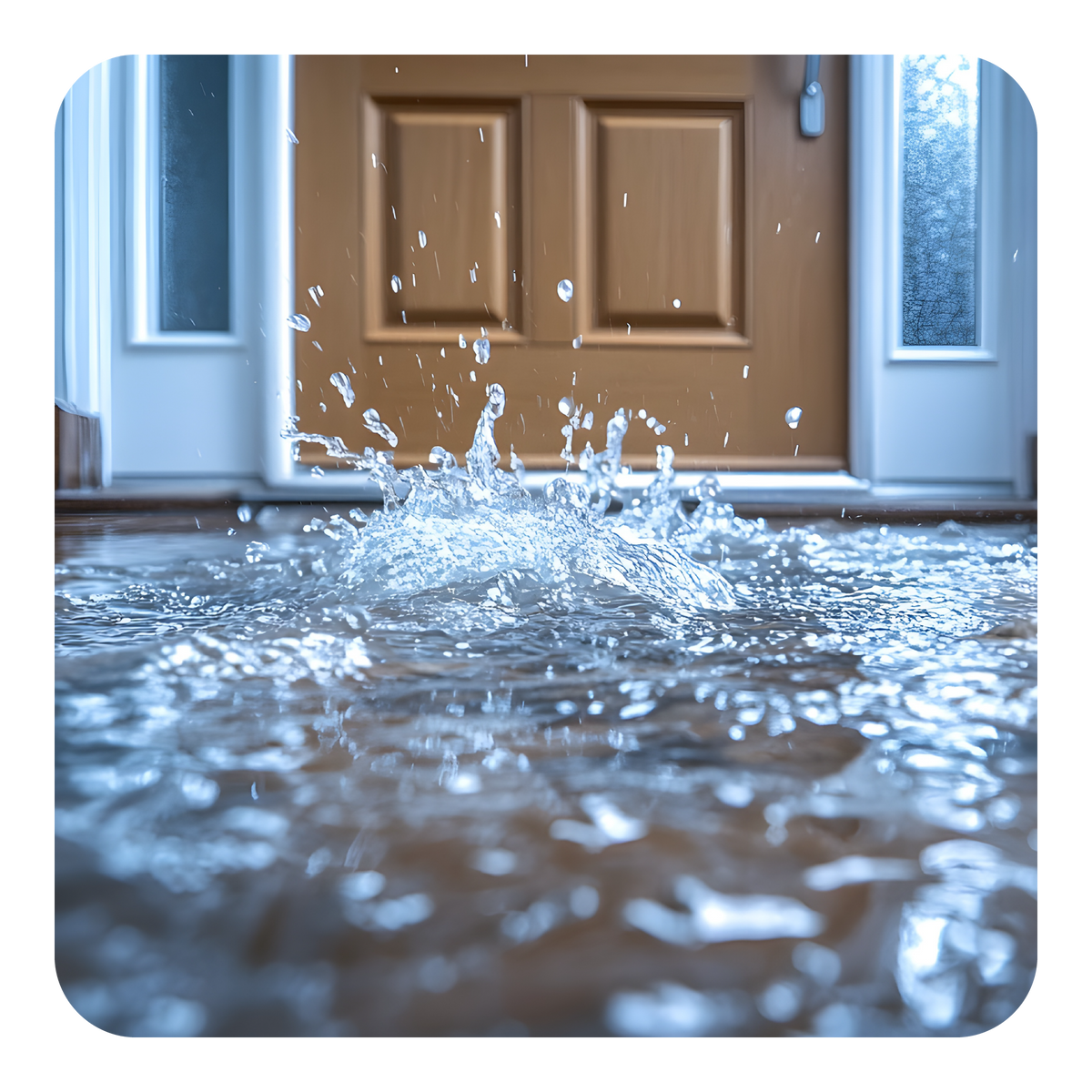 Flooded floor in front of a brown door with water splashing