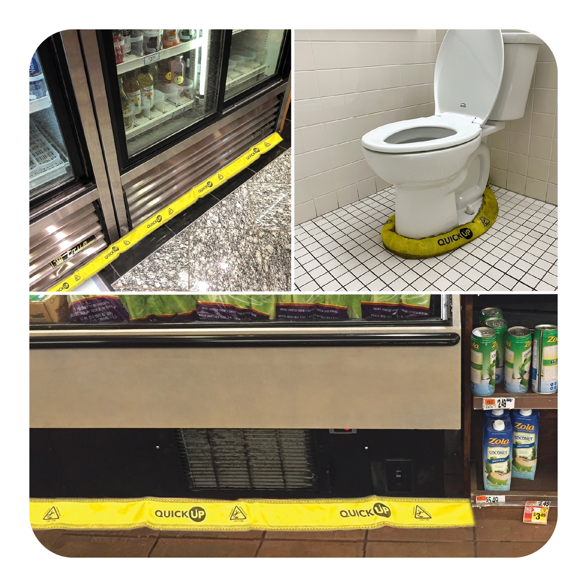 Collage of yellow Quick Ups in front of refrigerator, toilet, and floor.