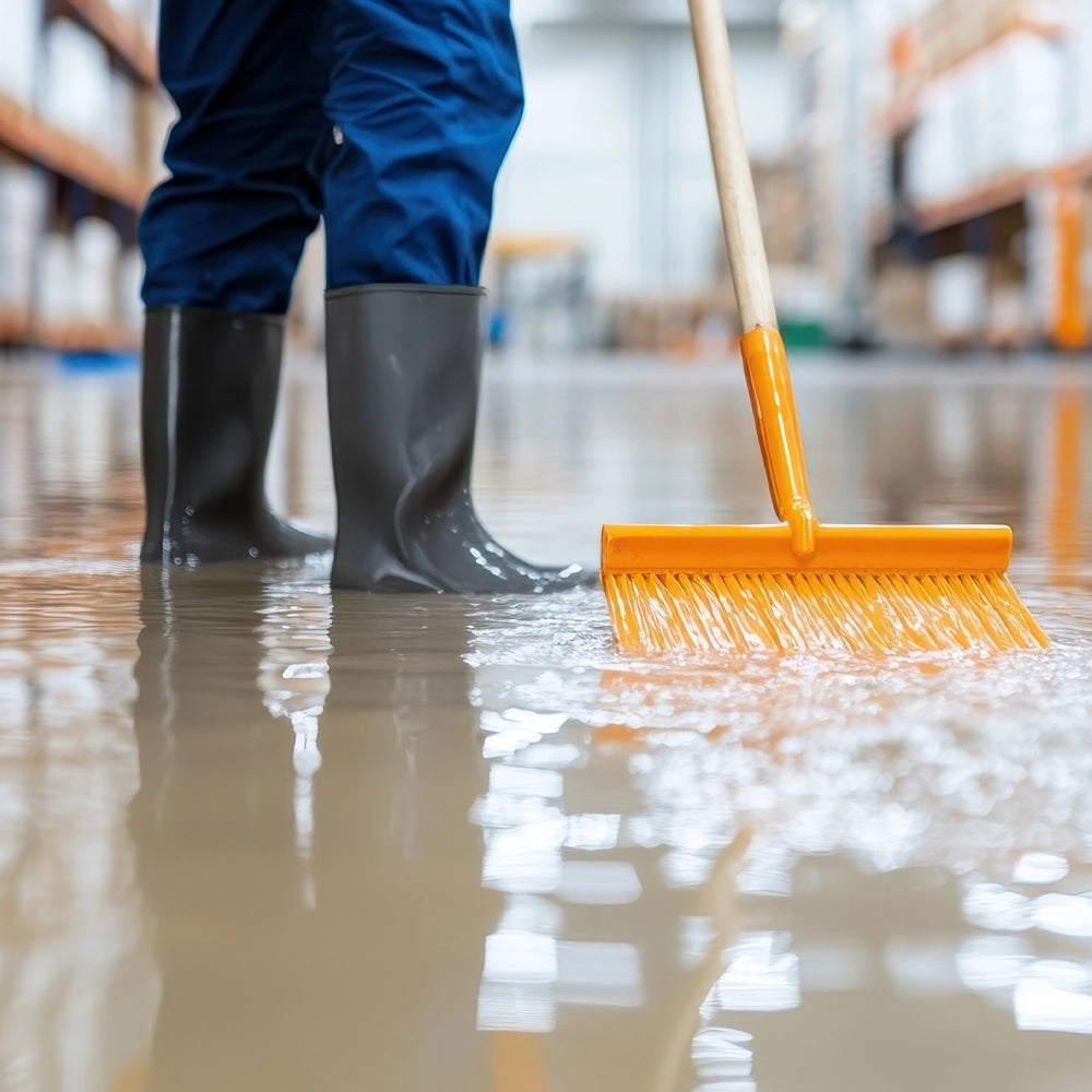 Person cleaning a flooded floor with a broom in a warehouse setting