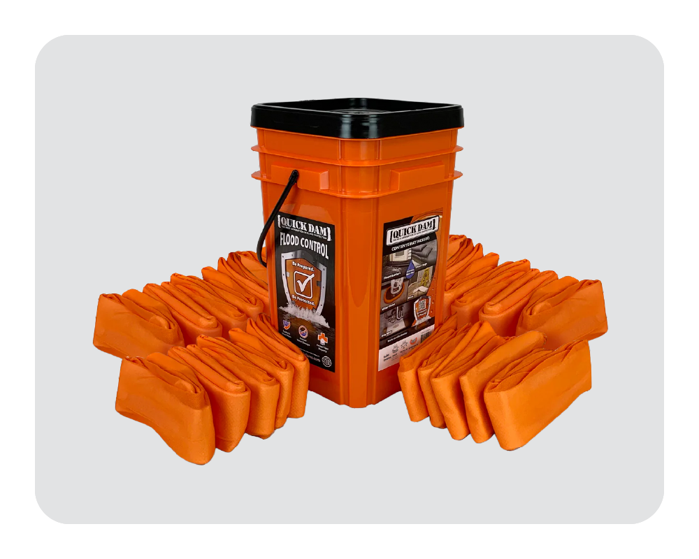 Quick Dam orange flood control bucket with a black lid on a white background