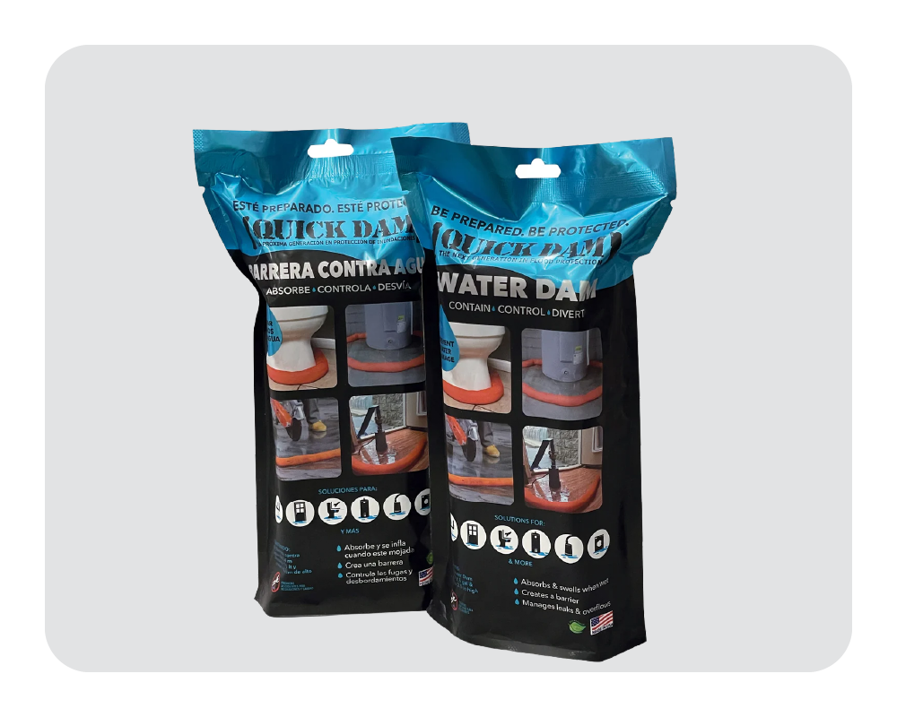 Two packages of Quick Dam water dams product on a white background