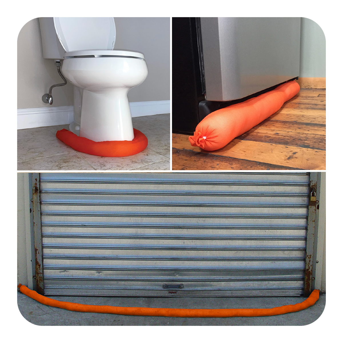 Collage of orange water dams blocking water in various settings.