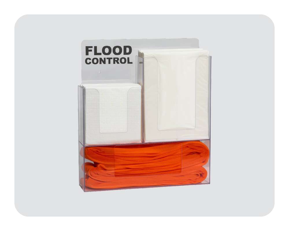 Quick Dam wall rack dispenser holding product