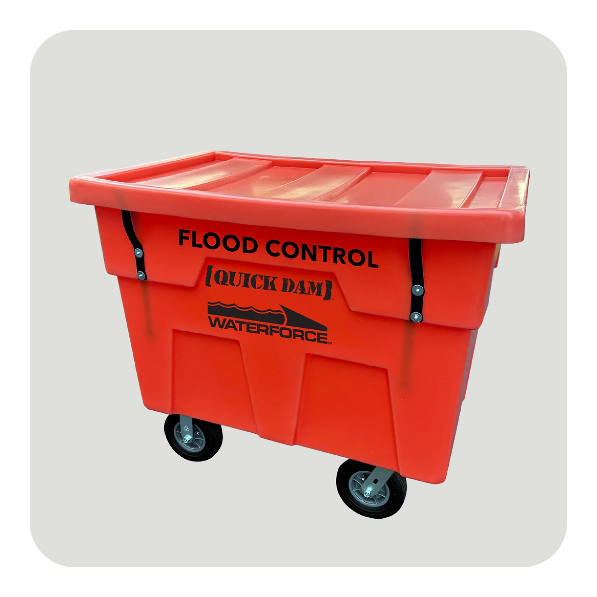 Orange Quick Dam flood control storage crate with wheels with 'Quick Dam' branding on a light gray background
